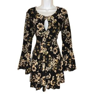 Derek Heart soft Keyhole Long Sleeve Dress with Floral Detail